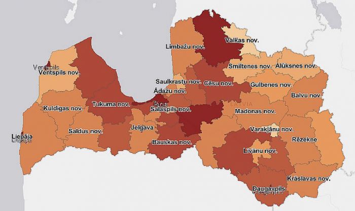 14 dienu kumulatīvā saslimstība novados, gadījumu skaits. Grafika - SPKC