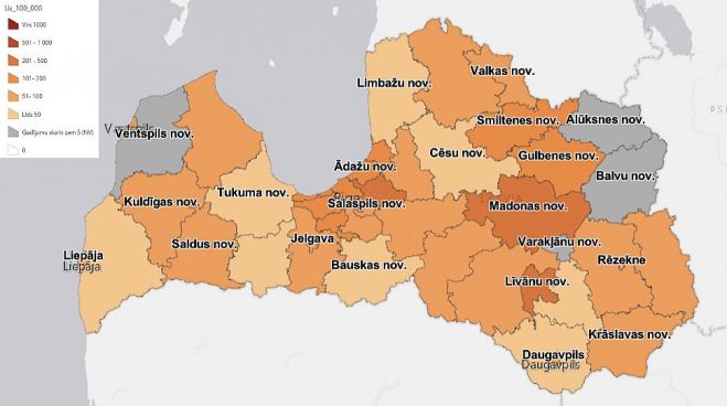 14 dienu kumulatīvais rādītājs uz 100 000 iedzīvotājiem atspoguļo situāciju pēdējās divās nedēļās, izsakot to uz iedzīvotāju skaitu novadā. Ilustrācija - SPKC