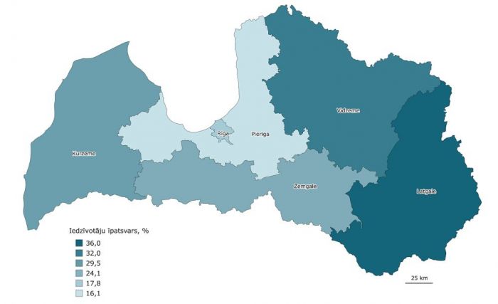 Nabadzības riskam pakļauto iedzīvotāju īpatsvars Latvijas reģionos 2020. gadā (procentos). Grafika - CSP