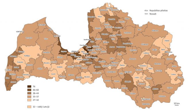 Vidējā dzīvojamā platība uz iemītnieku apdzīvotos tradicionālos mājokļos republikas pilsētās un novados 2021.gada sākumā. Grafika – CSP