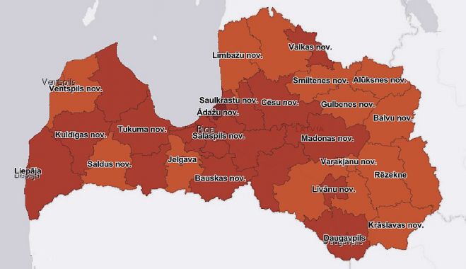 14 dienu kumulatīvā saslimstība novados, uz 100 000 iedzīvotāju. Grafika - SPKC