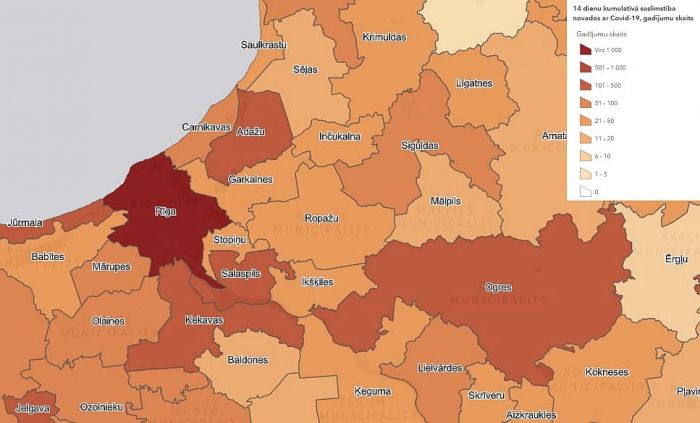 14 dienu kumulatīvā saslimstība novados, gadījumu skaits. Grafika - SPKC
