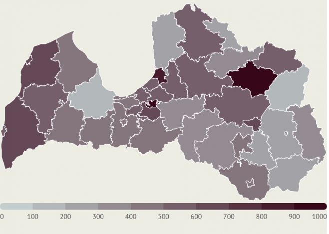 LETA aprēķins par saslimšanu skaitu ar Covid-19 Latvijas pašvaldībās pēdējo 14 dienu laikā uz 100 000 iedzīvotāju. Kartē iekļauti dati tikai par tām pašvaldībām, kurās pēdējās 14 dienās saslimušo skaits pārsniedz piecus. Infografika - LETA