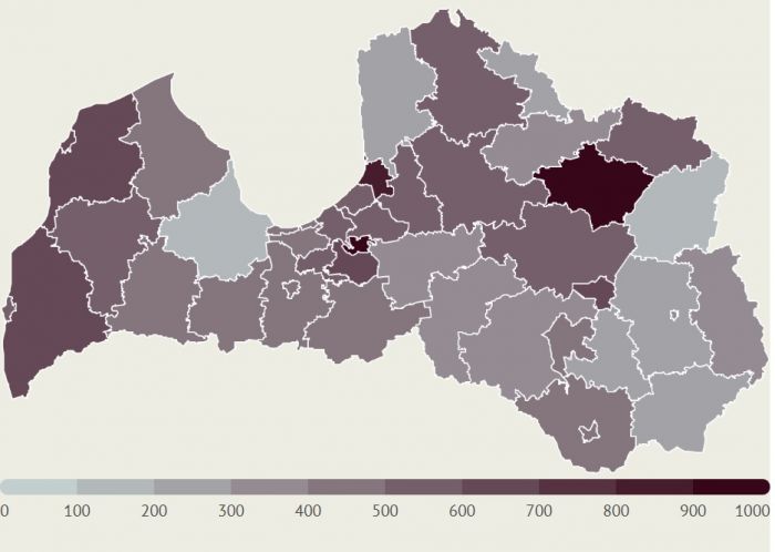 LETA aprēķins par saslimšanu skaitu ar Covid-19 Latvijas pašvaldībās pēdējo 14 dienu laikā uz 100 000 iedzīvotāju. Kartē iekļauti dati tikai par tām pašvaldībām, kurās pēdējās 14 dienās saslimušo skaits pārsniedz piecus. Infografika - LETA