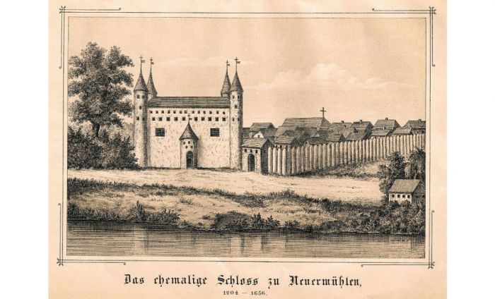 Iespējams, šāda ir izskatījusies Ādažu (Bukultu) pils un pilsētiņa Livonijas ordeņa laikā. Tiesa, J. P. Šilinga 1878. gada pētījumā par Ādažu pili publicēts Jirgena Helmsa (1603–1655) hronikas zīmējums, kuru vēstures pētnieki uzskata par autora fantāziju, jo viduslaiku pils bez dziļa grāvja nav iedomājama, arī torņu un vārtu izvietojums neatbilst īstenībai. Attēls no Elitas Pētersones grāmatas “Ādaži. Pagātnes dialogs ar tagadni”