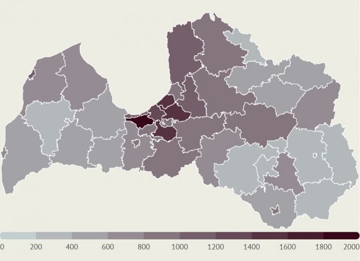 LETA aprēķins par saslimšanu skaitu ar Covid-19 Latvijas pašvaldībās pēdējo 14 dienu laikā uz 100 000 iedzīvotāju. Kartē iekļauti dati tikai par tām pašvaldībām, kurās pēdējās 14 dienās saslimušo skaits pārsniedz piecus. Infografika - LETA