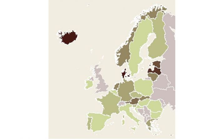 14 dienu kumulatīvais Covid-19 inficēšanās gadījumu skaits uz 100 000 iedzīvotāju Eiropas Savienības un Eiropas Ekonomikas zonas valstīs. Grafika - LETA