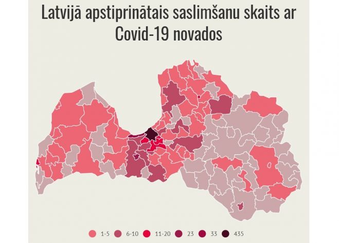 Apstiprināto saslimšanu skaits ar Covid-19 Latvijas pašvaldībās. Dati līdz 23.aprīļa 9.00. Infografika: LETA