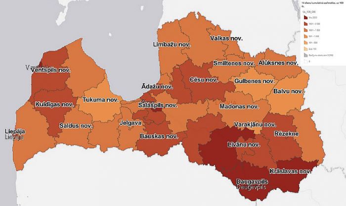 Reģistrēto Covid-19 gadījumu biežums pēdējās 14 dienās uz 100 000 iedzīvotāju. Grafika - SPKC