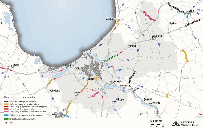2024.gadā plānotie būvdarbi uz valsts autoceļiem Rīgas plānošanas reģionā. Karte – Latvijas Valsts ceļi