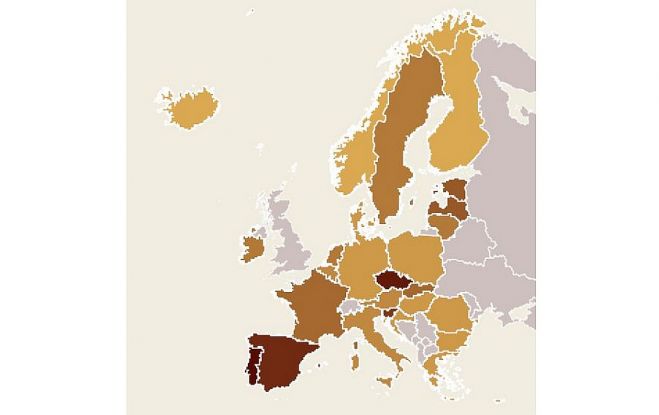 14 dienu kumulatīvais Covid-19 inficēšanās gadījumu skaits uz 100 000 iedzīvotāju Eiropas Savienības un Eiropas ekonomiskās zonas valstīs (gada 4. un 5.nedēļa). Dati – Eiropas Slimību un profilakses kontroles centrs (ECDC). Grafika - LETA