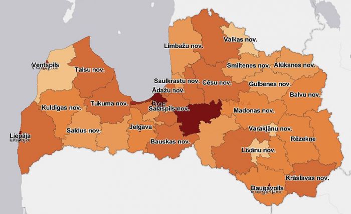 14 dienu kumulatīvā saslimstība novados, gadījumu skaits. Grafika - SPKC