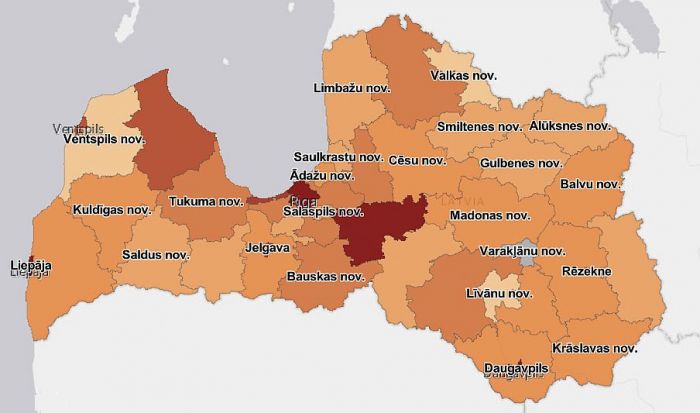 14 dienu kumulatīvā saslimstība novados, gadījumu skaits. Grafika - SPKC