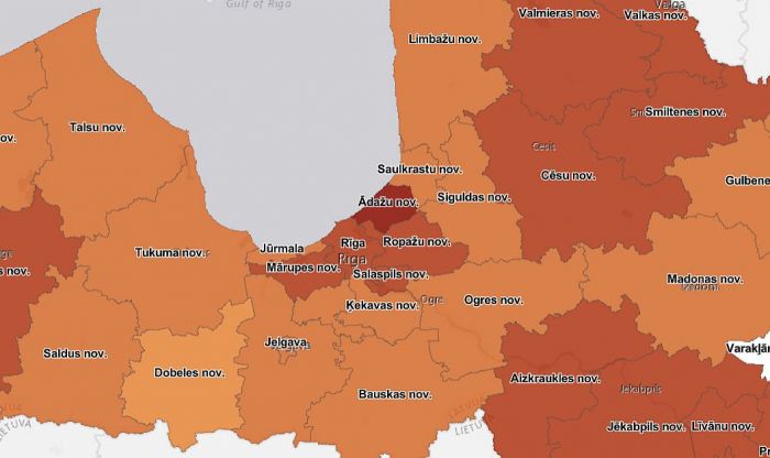 14 dienu kumulatīvā saslimstība novados uz 100 000 iedzīvotāju. Grafika - SPKC