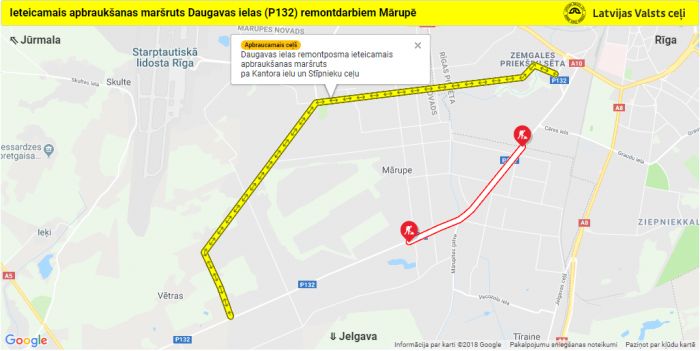 Svētdien Daugavas ielā Mārupē ceļu būvdarbu zonā būs apgrūtināta satiksme