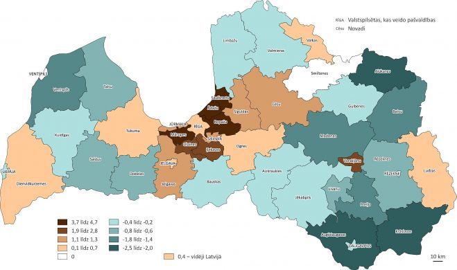 Iedzīvotāju skaita izmaiņas administratīvajās teritorijās 2022.gadā (procentos). Ilustrācija, grafikas – CSP