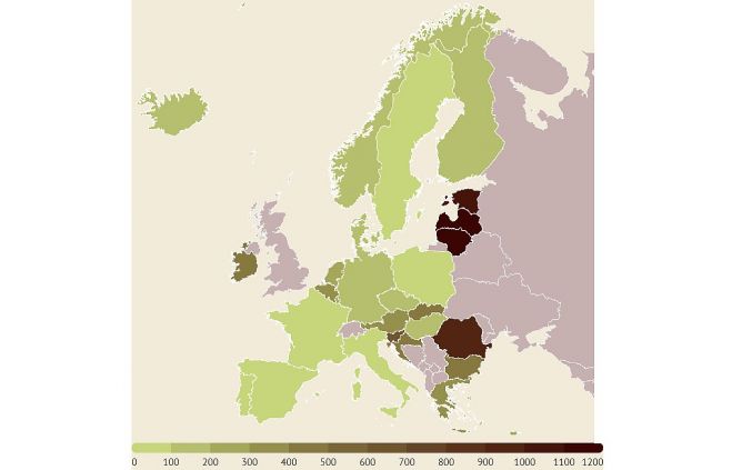 14 dienu kumulatīvais Covid-19 inficēšanās gadījumu skaits uz 100 000 iedzīvotāju Eiropas Savienības un Eiropas Ekonomikas zonas valstīs (gada 40. un 41.nedēļa). Grafika - LETA