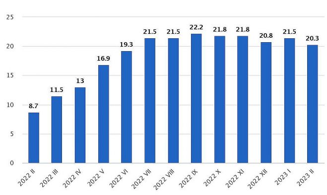 Patēriņa cenu pārmaiņas (procentos pret iepriekšējā gada attiecīgo mēnesi). Grafika – CSP