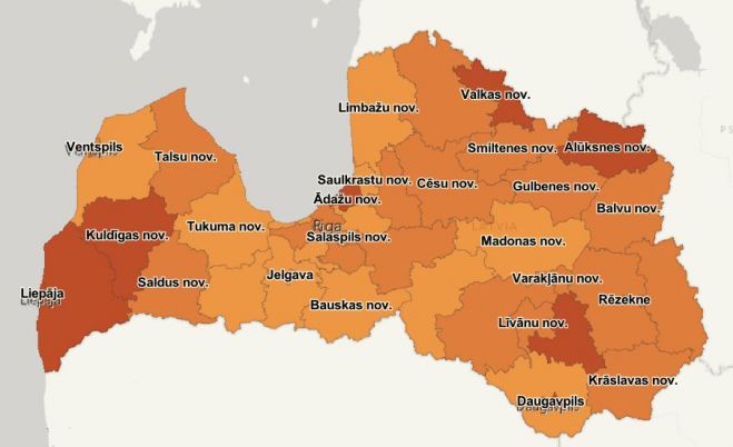 14 dienu kumulatīvais rādītājs uz 100 000 iedzīvotāju. Grafika - SPKC
