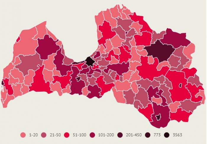 Apstiprināto saslimšanu skaits ar Covid-19 Latvijas pašvaldībās pēdējo 14 dienu laikā. Dati līdz 2.februāra plkst.10.00. Infografika – LETA