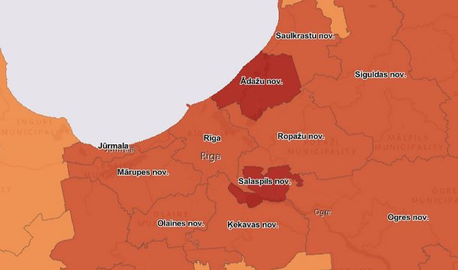 14 dienu kumulatīvā saslimstība novados, uz 100 000 iedzīvotāju. Grafika - SPKC