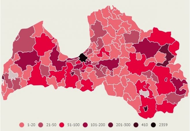 Apstiprināto saslimšanu skaits ar Covid-19 Latvijas pašvaldībās pēdējo 14 dienu laikā. Dati līdz 23.marta plkst.10.00. Infografika – LETA