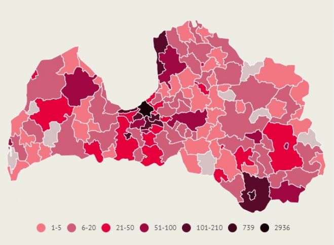 Apstiprināto saslimšanu skaits ar Covid-19 Latvijas pašvaldībās pēdējo 14 dienu laikā. Dati līdz 30.novembra plkst.10.00. Infografika: LETA