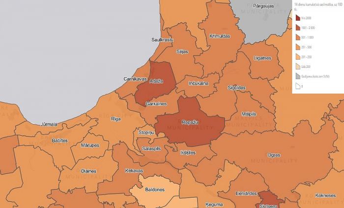 14 dienu kumulatīvā saslimstība novados, uz 100 000 iedzīvotāju. Grafika - SPKC