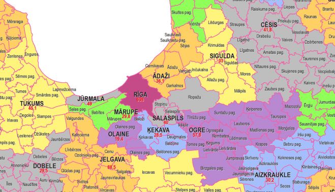 Vietējo pašvaldību iecerētais dalījums 2021.gadā. Pašvaldību skaitu iecerēts samazināt no 119 līdz 35, apvienojot novadus.  Ar vienu krāsu apzīmētas blakus esošas pašvaldības, kuras tiek piedāvāts apvienot (izņēmums - daļu Ķekavas novada teritorijas paredzēts pievienot Olaines novadam). Karte - VARAM