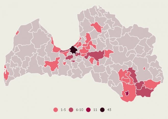 Apstiprināto saslimšanu skaits ar Covid-19 Latvijas pašvaldībās. Dati līdz 8.septembra plkst.10.00. Infografika: LETA