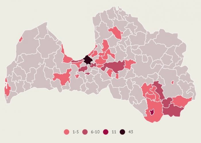 Apstiprināto saslimšanu skaits ar Covid-19 Latvijas pašvaldībās. Dati līdz 8.septembra plkst.10.00. Infografika: LETA