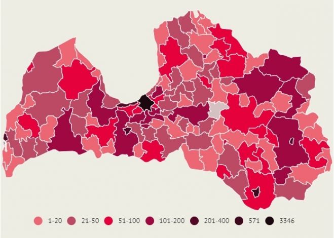 Apstiprināto saslimšanu skaits ar Covid-19 Latvijas pašvaldībās pēdējo 14 dienu laikā. Dati līdz 16.februāra plkst.10.00. Infografika – LETA