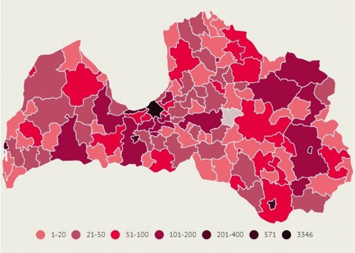 Apstiprināto saslimšanu skaits ar Covid-19 Latvijas pašvaldībās pēdējo 14 dienu laikā. Dati līdz 16.februāra plkst.10.00. Infografika – LETA