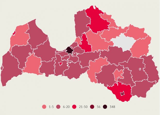 Apstiprināto saslimšanu skaits ar Covid-19 Latvijas pašvaldībās pēdējo 14 dienu laikā. Dati līdz 3.jūlija plkst.10.00. 