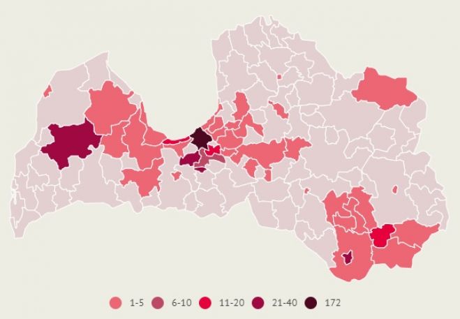 Apstiprināto saslimšanu skaits ar Covid-19 Latvijas pašvaldībās. Dati līdz 29.septembra plkst.10.00. Infografika: LETA