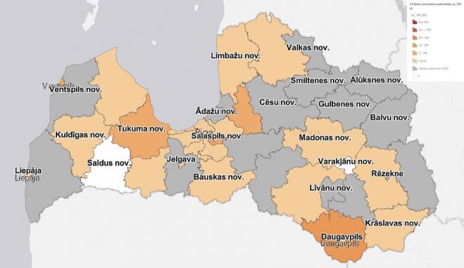 Reģistrēto Covid-19 gadījumu biežums pēdējās 14 dienās uz 100 000 iedzīvotāju. Grafika - SPKC