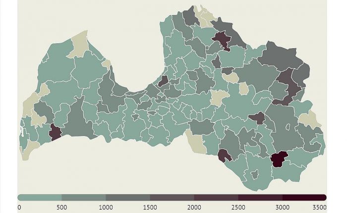 14 dienu saslimstības līmenis uz 100 000 iedzīvotāju. Grafika - LETA
