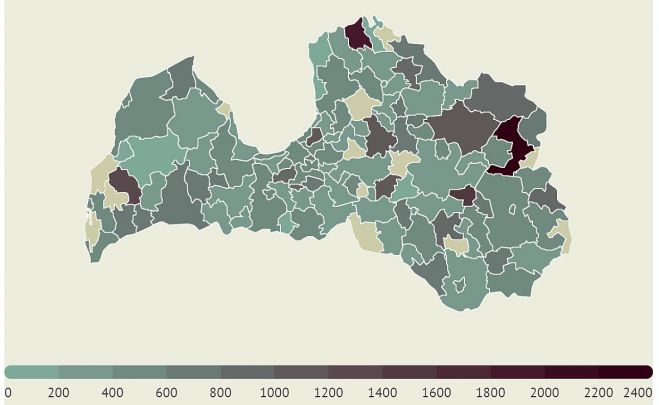 14 dienu saslimstības līmenis uz 100 000 iedzīvotāju. Grafika - LETA