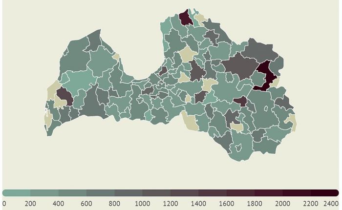14 dienu saslimstības līmenis uz 100 000 iedzīvotāju. Grafika - LETA