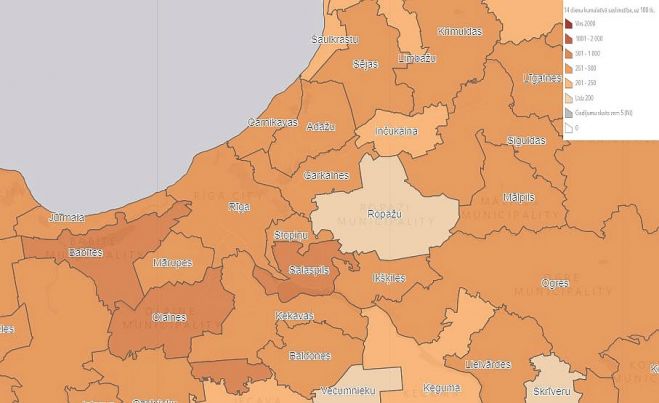 14 dienu kumulatīvā saslimstība novados, uz 100 000 iedzīvotāju. Grafika - SPKC