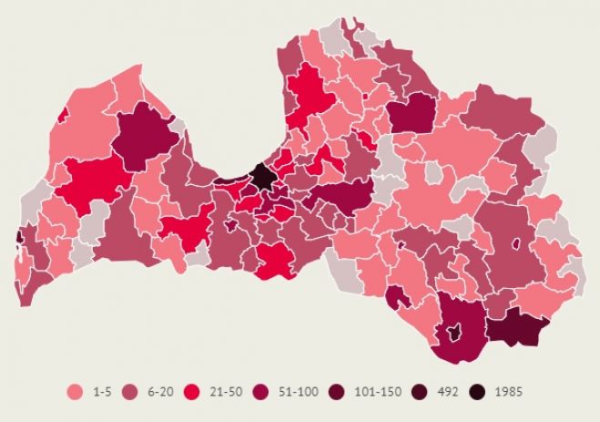 Apstiprināto saslimšanu skaits ar Covid-19 Latvijas pašvaldībās pēdējo 14 dienu laikā. Dati līdz 17.novembra plkst. 10.00. Infografika: LETA