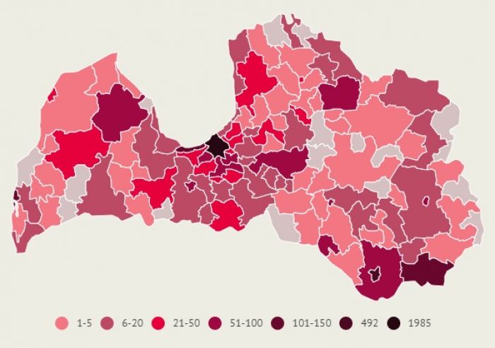 Apstiprināto saslimšanu skaits ar Covid-19 Latvijas pašvaldībās pēdējo 14 dienu laikā. Dati līdz 17.novembra plkst. 10.00. Infografika: LETA