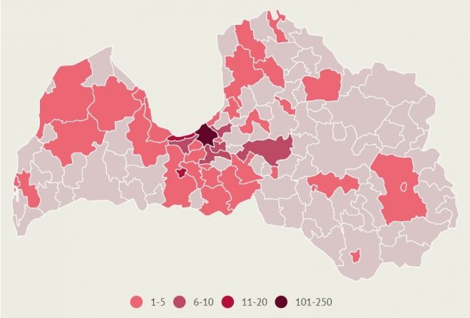 Apstiprināto saslimšanu skaits ar Covid-19 Latvijas pašvaldībās. Dati līdz 28.martam. Infografika: LETA