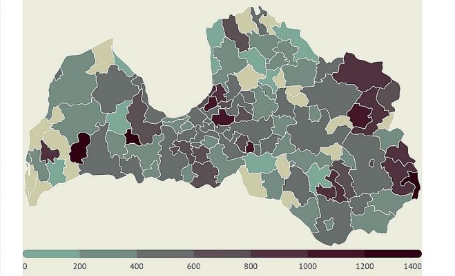 14 dienu saslimstības līmenis uz 100 000 iedzīvotāju. Grafika - LETA