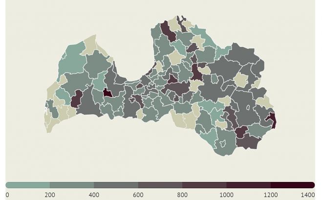 14 dienu saslimstības līmenis uz 100 000 iedzīvotāju. Grafika - LETA