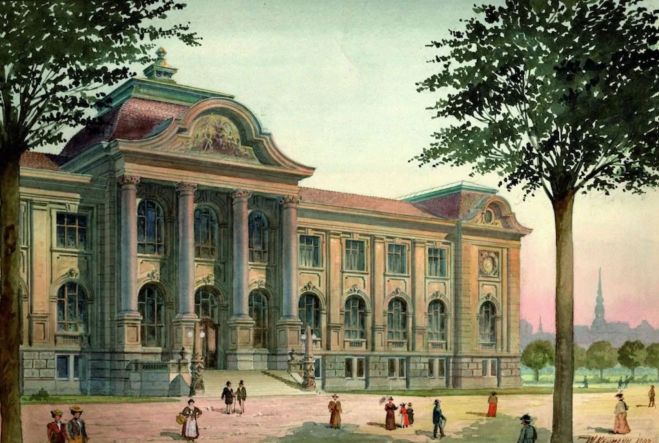 Vilhelms Neimanis. Rīgas pilsētas mākslas muzeja fasādes skice. 1902. Papīrs, akvarelis. LNMM kolekcija. Publicitātes foto
