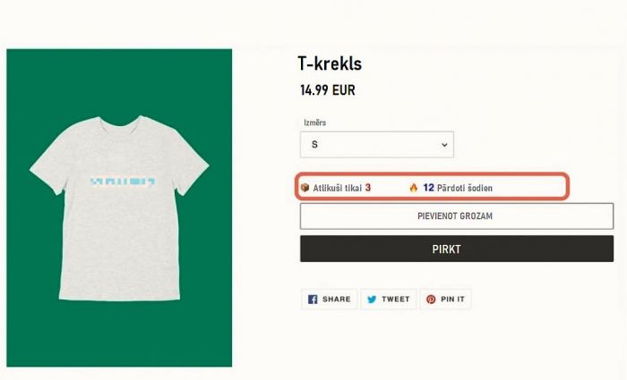 Viltus trūkums: norāde par ierobežotu preču skaitu vai piedāvājumu, piemēram, “Atlikušas pēdējās 2 preces”. Tādējādi internetveikals mudina lietotāju ātri pieņemt lēmumu, lai it kā paspētu nopirkt preci. Ilustrācija – PTAC