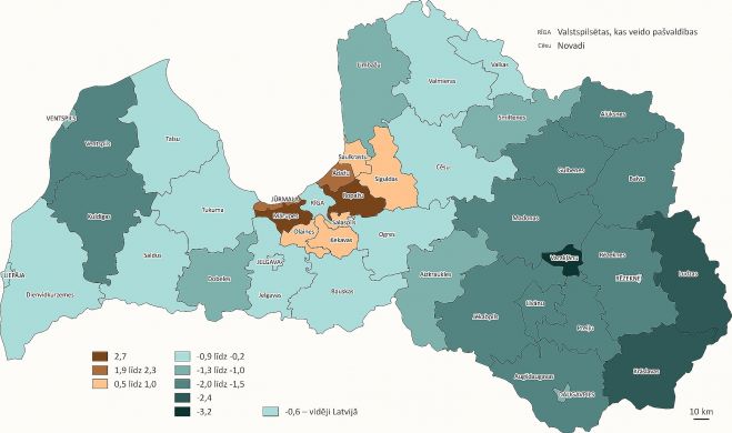 Iedzīvotāju skaita izmaiņas administratīvajās teritorijās 2023.gadā (procentos). Ilustrācija – CSP