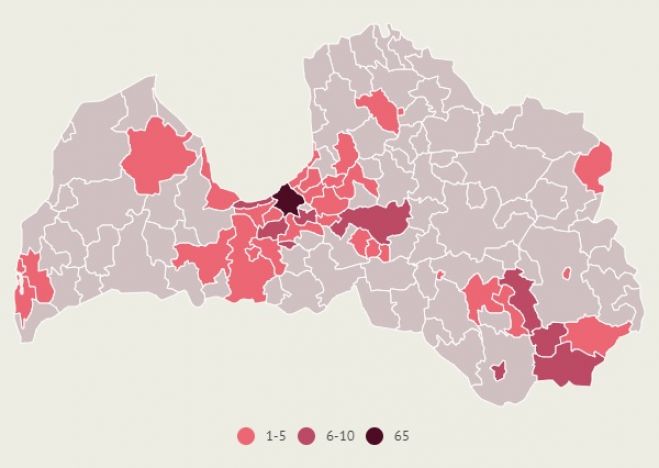 Apstiprināto saslimšanu skaits ar Covid-19 Latvijas pašvaldībās. Dati līdz 1.septembra plkst.10.00. Infografika: LETA