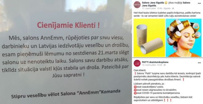 Gan interneta lapās, gan uz vietas salonos atrodama informācija par drošības pasākumiem skaistumkopšanas jomā, taču kāds salons nevairās publicēt arī jociņus par valstī izsludināto ārkārtējo situāciju.